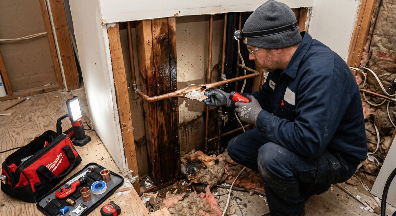 Dallas plumber from Bulwark Plumbing repairing a burst copper water line inside an opened wall