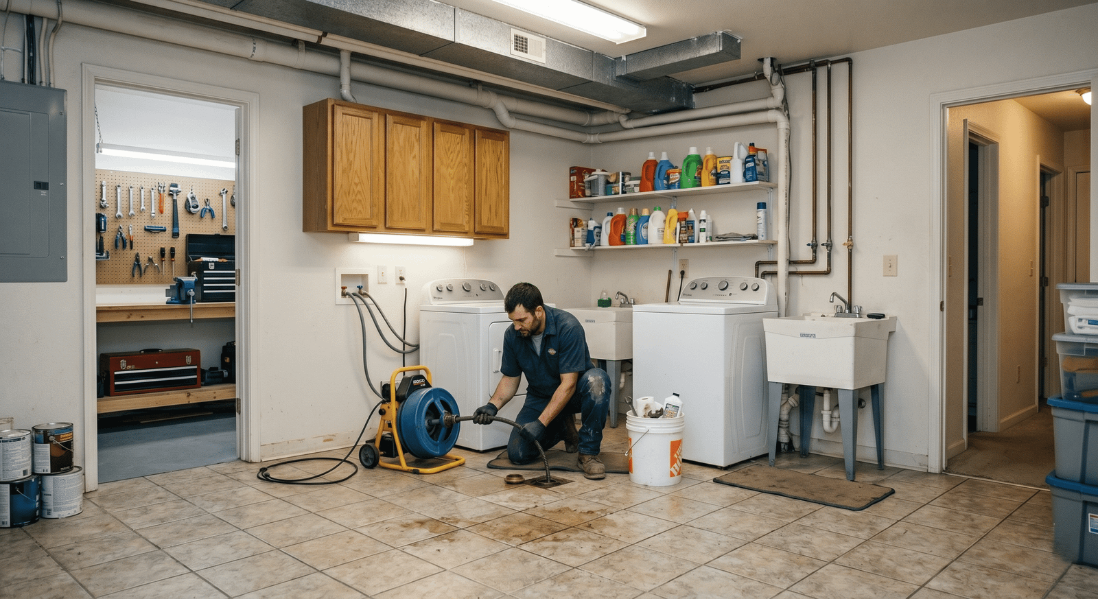 Dallas plumber cabling a blocked laundry room drain