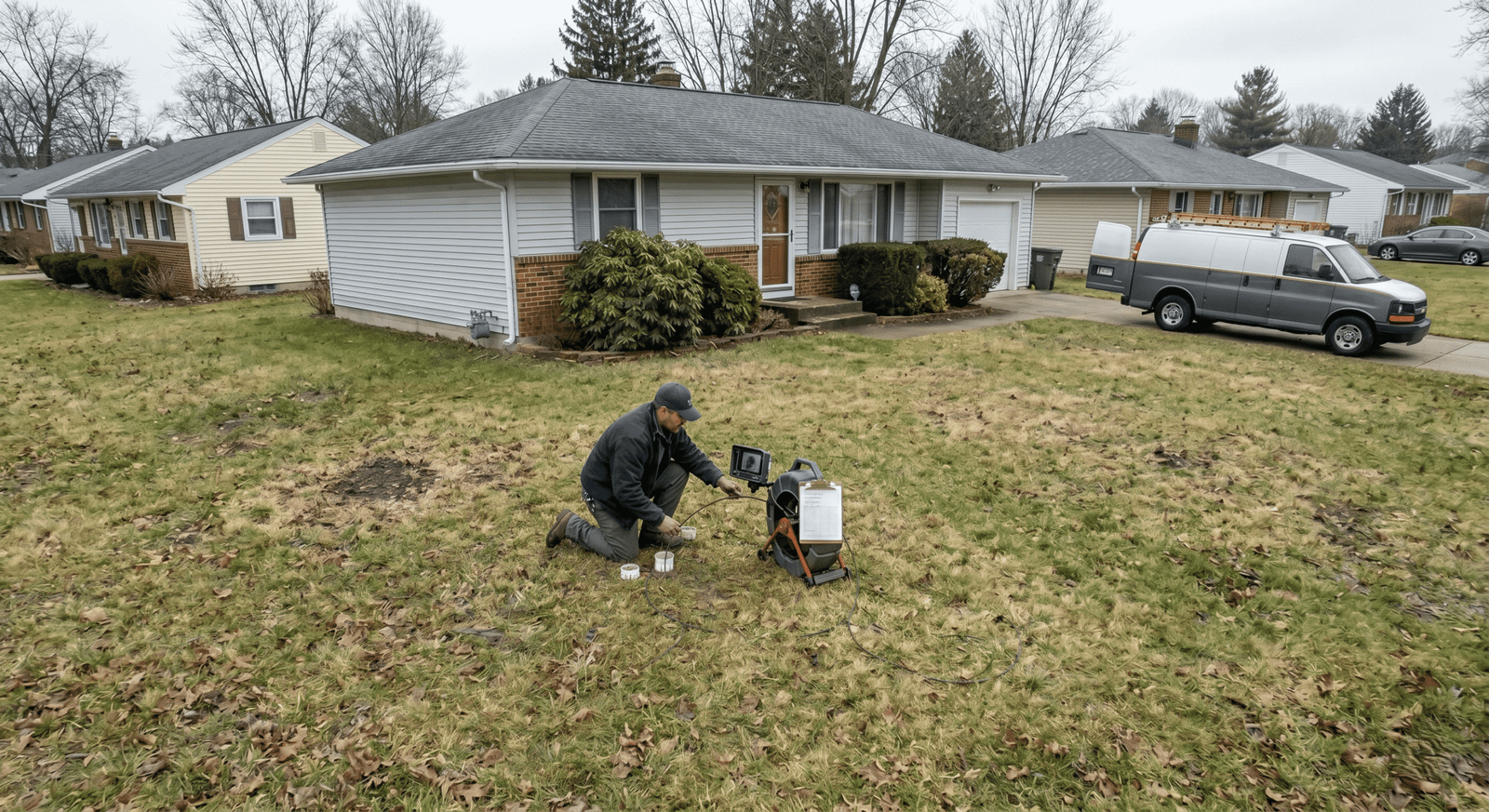 Dallas plumber locating a sewer line in a Grapevine front yard